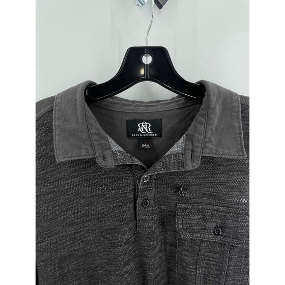 Rock & Republic Men's Polo Shirt Charcoal Gray Size Large Zipper & Pocket Cotton - Picture 4 of 9